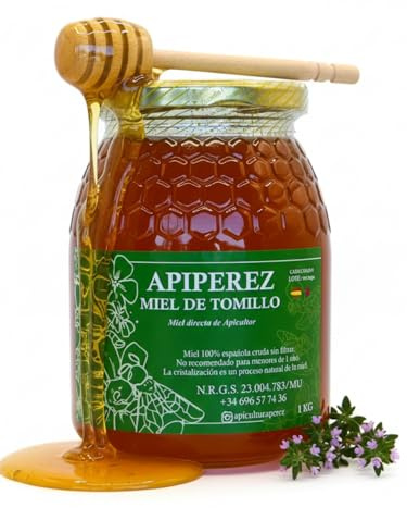 APIPEREZ Miel Cruda de Tomillo Monofloral 1 kg, Natural, Sabor Aromático | miel natural española pura, origen seleccionado, calidad artesanal, sabor auténtico, receta tradicional
