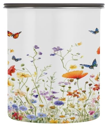 WELLDAY Coffee Canister Meadow Wildflowers Airtight Stainless Steel Coffee Container, 30 OZ Food Storage Container for Coffee Beans, Ground, Sugar, Tea, Flour, Rice