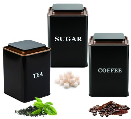 ChengJunXin Tea Coffee Sugar Canisters Black 1000ml,Set of 3 Tea Coffee and Sugar Canisters for Home - Easy Open & Airtight Lids, Decorative Food Caddy, Kitchen Storage Jars, Square Storage Set.