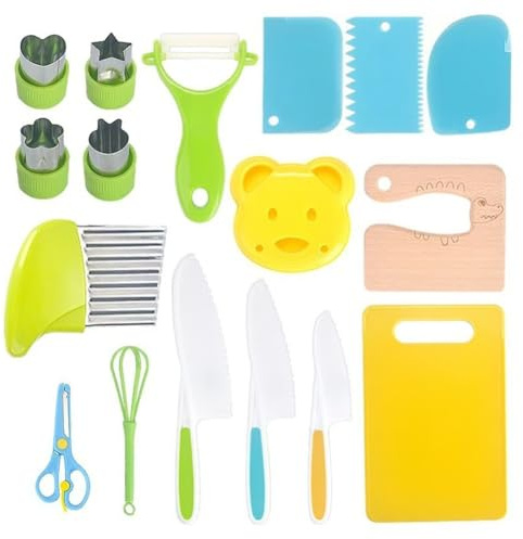 Jnchdghwa For Toddlers 17 Pieces Set for Cooking Child-Friendly Plastic Chef Tools Montessori Kitchen Toys Birthday Gift