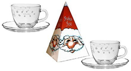 Große Cappuccino Tasse im neuen Design 225 ml mit Unterteller Glas Aktion Nikolaus mit Zuckerpyramide