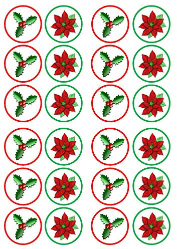 Christmas Holly & Poinsettia, Festliche Oblatenkartendekoration mit Stechpalme und Weihnachtsstern für Weihnachtsfeiern und Feiertagsbacken, 24 x 4 cm große Scheiben (ungeschnitten)