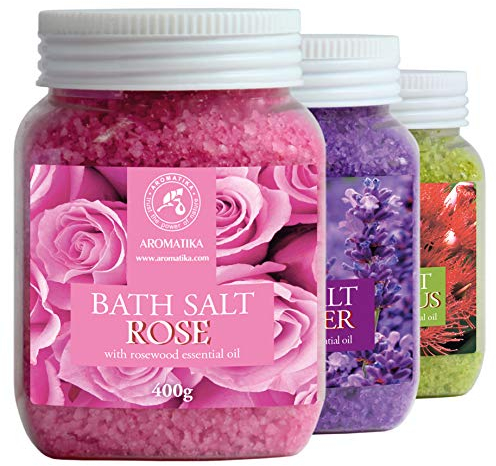Bademeersalz Set 3x400g Lavendel mit Lavendelöl, Rose mit Absolutes ätherisches Rosenöl, Eukalyptus mit Eukalyptusöl - Meersalz - Salz Geschenkset für Guten Schlaf - Stressabbau - Baden - Körperpflege