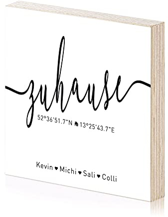 Yuweli® Holzbild Zuhause personalisiert mit Namen und Koordinaten Einweihungsgeschenk als Geschenk zum Einzug oder Geschenkidee zur Einweihung Richtfest Einzug Umzug Hausbau Wand-Bild
