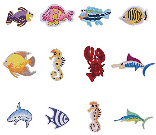 NBEADS 24 Stk. Meerestiere Zum Aufbügeln, Fisch Hai Hummer Seepferdchen Rayon Stickerei Patches Applikationen Dekorative Reparatur Patches Für Jeans T-Shirt Hut Jacke Tasche Bekleidungszubehör