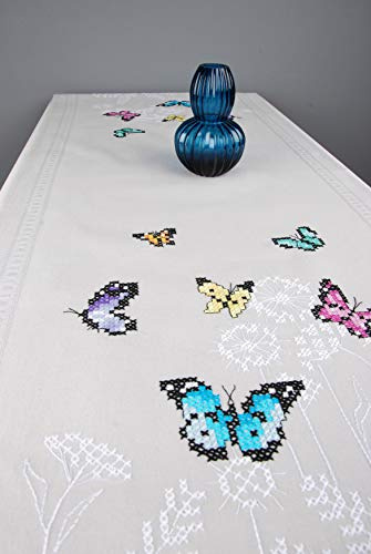 Vervaco Stickpackung Tischläufer Sticken Set Erwachsene Vorgedruckt Schmetterlingstanz Stickläufer zum Selbersticken Vorgezeichnet Decke Sticken Plattstich 40 x 100 cm Kreatives Geschenk