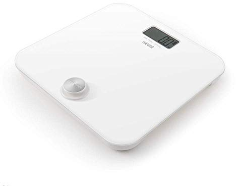 HAEGER U-POWER Digitale Badwaage, batteriebetriebene Technologie: Drücken Sie die Taste, um Strom zu erzeugen, Kapazität 180 kg, große LCD-Anzeige, automatische Abschaltung
