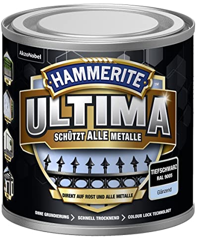 Hammerite Ultima Glänzend, Metallschutzlack, Hochwertiger Schutzlack für alle Metalle im Außenbereich, Tiefschwarz RAL9005, 250 ml