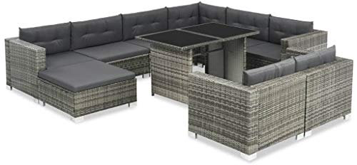 Tidyard Gartenmöbel 10-TLG. Poly Rattan Sitzgruppe Lounge Sitzgarnitur, Sofa-Eckelelement Sofa-Mittelstück, Fußhocker, Esstisch, Sitzpolster, Rückenkissen, Gartensofa Grau und Dunkelgrau