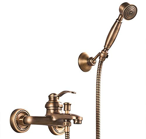 Fw Grifo De Bañera Y Ducha, Latón Mezclador Monomando, Incluye Soporte Y Manguera De 150 Cm, Montaje En Pared, Acabado Latón Envejecido