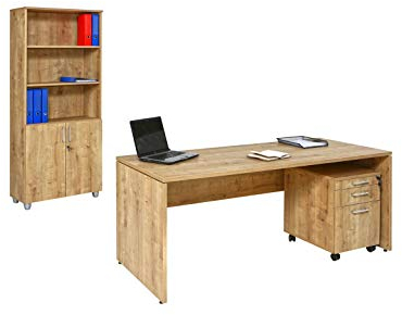 furni24 Büro Schreibtisch Set Nuvi Saphir Eiche, Bestehend Aus, Schreibtisch 160 cm, Rollcontainer 3 Schübe, und Aktenschrank Oben offen und Türen, verstellbare Fachböden, 190cm hoch