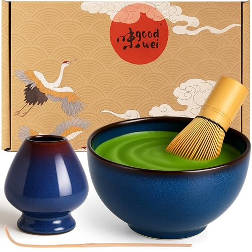 Goodwei Matcha Kit | Bol Matcha Artisanal Chawan, Cuillère e Fouet à Matcha avec Support de Fouet en Céramique au design assorti | Service à Thé Japonais (Safaia, 80)