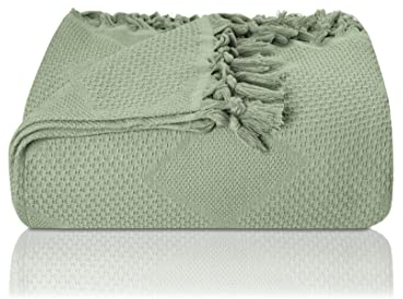 LAYNENBURG Premium Tagesdecke mit handgeknüpften Fransen - 100% Baumwolle - 200 x 220 cm XXL - Waffelpique Sommerdecke - Baumwolldecke als Bett-Überwurf, Couch-Überwurf & Sofa-Decke (Mint)