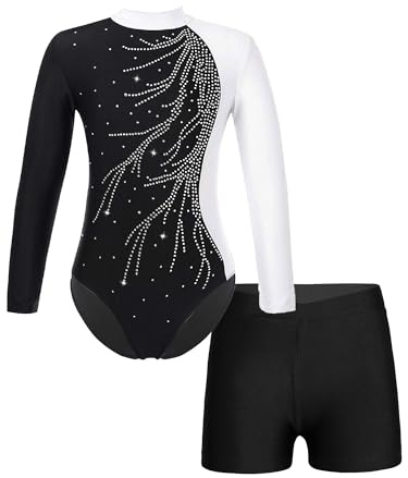 FEESHOW Kinder Gymnastikanzug Mädchen Gymnastik Body Gymnastik Shorts Set Ballett Turntrikot Athletic Wettkampf Tanzoutfit Weiß 158-164/13-14 Jahre