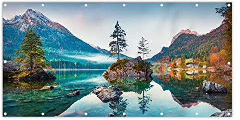 MuchoWow® Balkon Sichtschutz Sichtschutzmatte Balkonbanner Abdeckung für Terrasse Balkon Windschutz Blickdicht Wetterfest 200x110 cm Berge - See - Bäume - Natur - Wasser