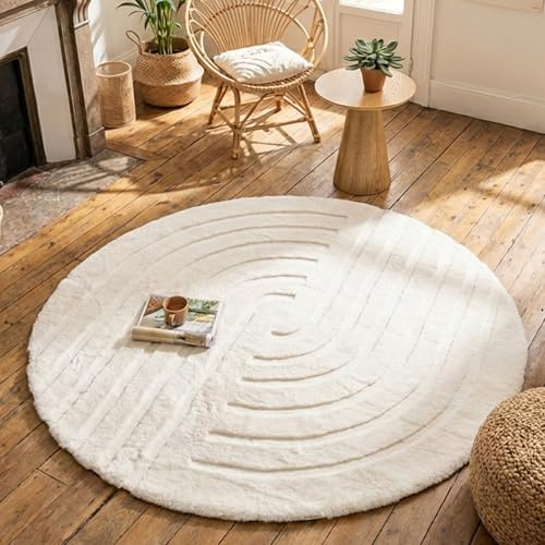 FRAAI | Home & Living Hochflor Teppich Rund - Carvy Curves Creme - Ø 100 cm - Boho, Modern, Skandinavisch - Wohnzimmer, Esszimmer, Kinderzimmer, Schlafzimmer, Babyzimmer - Fellteppich