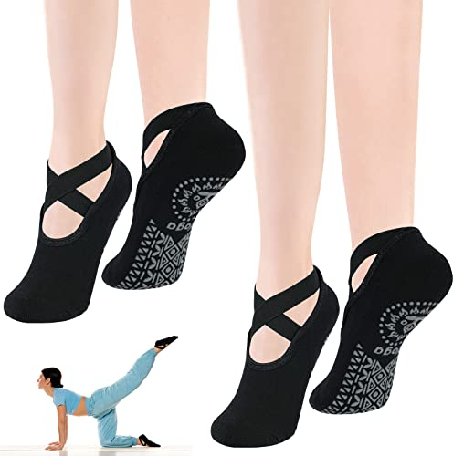 flintronic Yoga Socks, 2 Pairs Non-Slip Pilates Socks with Straps, Cotton Five Toe Grip Socks for Pilates, Ballet, Barre, Barefoot Workout, Dance - Sweat Absorption (Black+Black)