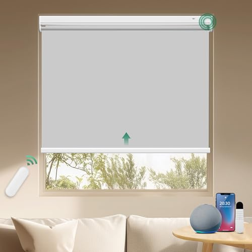 Allesin Wiederaufladbare Verdunklungsrollo ohne Bohren, Grau B80 x H100 cm Elektrische Rollo Innen, Leiser Motor, 100% Verdunkelung Sonnenschutz Smart Rollo mit Fernbedienung Kompatibel Alexa