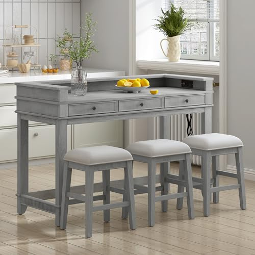 VilroCaz 4-Piece Counter Height Extra Long Dining Table Set with 3 Drawers and Upholstered Stools, Rubber Wood Dining Table Set Home Bar Set with Footrest and USB Port (Grey-B1)