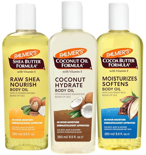 Palmer's Body Oil Variety Pack, Cocoa Butter, Coconut, and Shea, Dermatologist Approved, Instant Absorption, Bath, Body & Shower, 3 Pack (8.5 oz x 3)