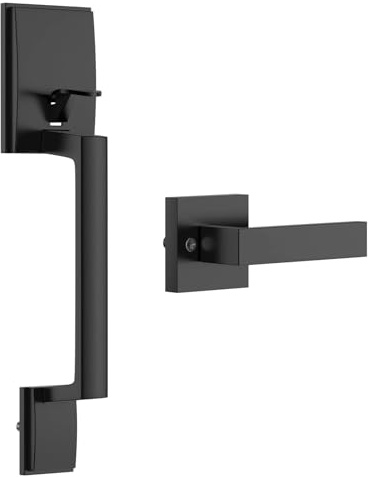 Migade Front Door Handle Entry Door Lock Handle Set for Left or Right Handed Doors Reversible Interior Exterior Single Cylinder Lower Half Adjustable Lever Bright Brass Non-Locking (Black)