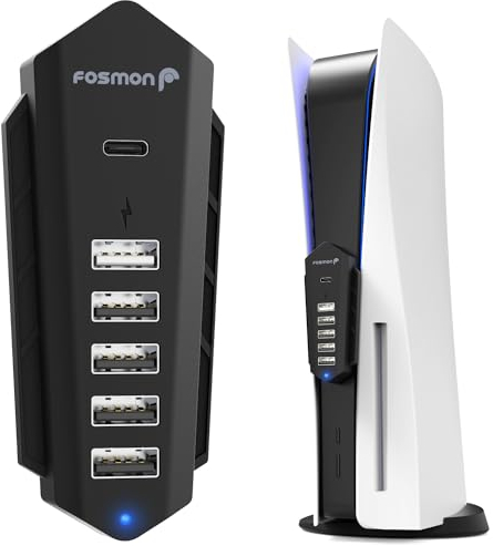Fosmon USB Hub for PS5, 5 Port High-Speed USB Expansion Hub Extender Splitter Charger for Playstation 5 (Disc/Digital Edition), 4 USB + 1 USB Charging + 1 Type C Port - Black (NOT for 2023 PS5 Slim)