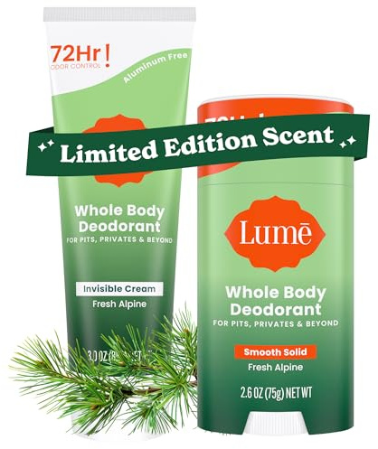 Lume Whole Body Deodorant - Invisible Cream Tube and Solid Stick - 72 Hour Odor Control - Aluminum Free, Baking Soda Free, Skin Loving - 3.0 Ounce Tube and 2.6 Ounce Solid Stick Bundle (Fresh Alpine)