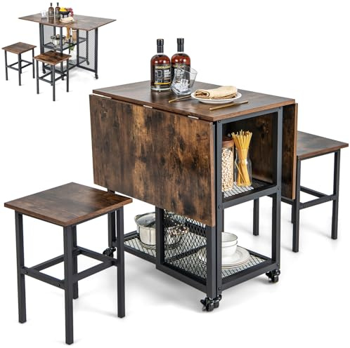 GiantexUK 3 PCS Folding Dining Table and Stools Set, Drop Leaf Dining Room Set with 2-Tiers Storage Shelves & 6 Wheels, Space-Saving Kitchen Table and Chairs Set for Home Living Room Pub (Brown+Black) | Drop Leaf Dining Room Set with 2-Tiers Storage Shelves & 6 Wheels, Space-Saving Kitchen Table and Chairs Set for Home Pub