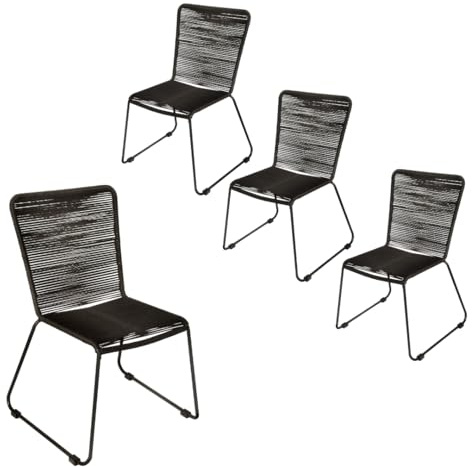 Loreno 4er Set Outdoor Seilstuhl ISRA, Schwarz, stapelbare Gartenstühle | Seilbespannung aus Polyester, schwarzes Eisen-Gestell, Modernes Rope Chair Design für Garten, Balkon & Terrasse