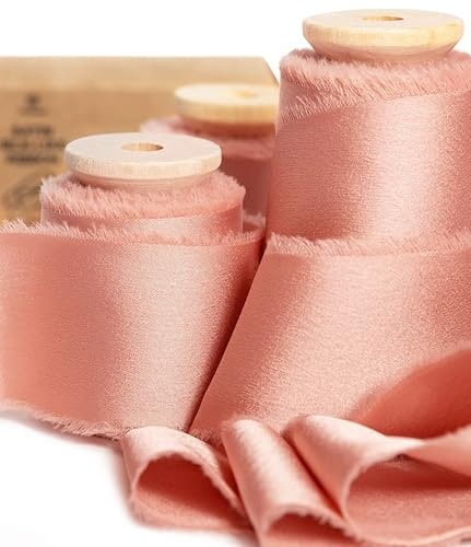 Vitalizart Satin Seidenband Roségold, Geschenkband 3,8 cm x 13,7 m mit Holzspule, Handgefertigte Stoffband für Geschenkverpackungen, Festliche Dekorationen, DIY-Basteleien, Hochzeitssträuße