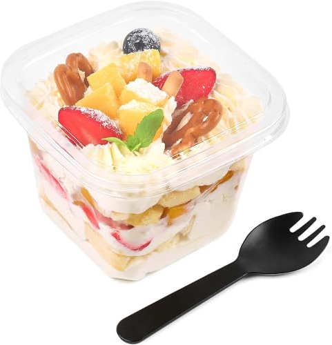 Wubushan Bicchiere da dessert in plastica con coperchio, ciotola da dessert rettangolare, in plastica, riutilizzabile, con cucchiaio, per antipasto, per tiramisù, dessert, budino mousse (50 pezzi/360