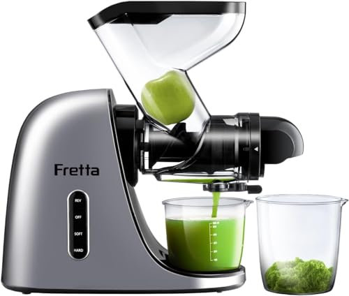 Fretta Slow Masticating Juicer Machine, BPA-Free Cold Press Juicer with Wide Dual Feed Chute, Auto Reverse, High Nutrient Extraction, Quiet Motor, Silver