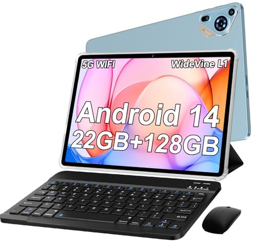 SKYEGG Tablet 10 Pulgadas Android 14, 22GB RAM + 128GB ROM Ampliable 1TB, Octa-Core 2.0GHz, FHD IPS, Widevine L1, WiFi 5G, GPS, 8000mAh, Cámara 5MP+8MP, con Teclado + Ratón + Funda, Azul