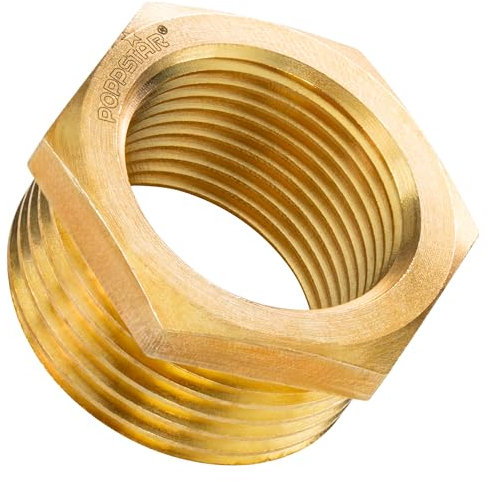 Poppstar Brass Reducer External Thread 1 Inch to Internal Thread 3/4 Inch, with Hexagon