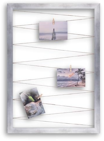 CLAMARO Fotohalter mit Fotoleine, Silber Gebürstet, 50 x 70 cm, Postkarten | MDF-Rahmen 30 mm breit, vollummantelt, Juteband gespannt, Massivholz-Clips, Metallaufhänger, für Fotocollage
