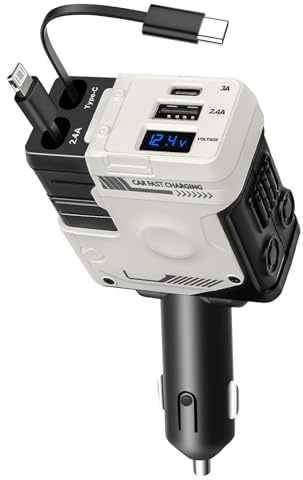 Retrattile Caricatore Auto,66W Caricabatterie Auto,Caricatore Presa USB C Fast Charge Con Cavo Adattatore USB,Adattatore Caricabatteria da Auto compatibile con iPhone, Google Pixel, Galaxy