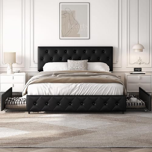 Yaheetech Cama Tapizado con Cabecero Ajustable en Altura 2 Cajones con Ruedas Espacio de Almacenamiento Cama Doble Matrimonial 160 x 200 cm Negro