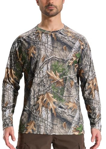 Tongcamo Camisa Caza Camuflaje Hombre Manga Larga Cuello Redondo Secado Rápido UPF 50+ Senderismo Pesca