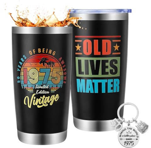 saerryor 50th Birthday Gifts for Men Women,20oz 1975 Insulated Tumbler with Keyring, 50th Birthday Gifts for Him,50 Year Old Present for Dad Husband Mum Wife Teachers Friends