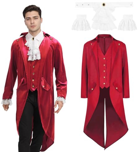 JDFAIJEAL - Costume da uomo gotico steampunk frack, giacca in stile medievale vittoriano, costume per Halloween, carnevale (rosso, S)