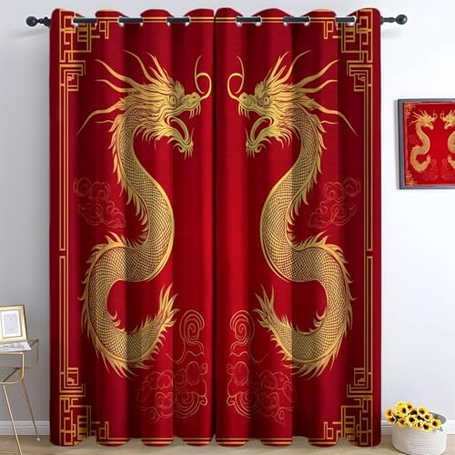 Generico Rosso Tende Oscuranti Con Stampa 3D Drago D'Oro Animale Cinese Termica Isolante Riduzione Rumore Insonorizzata Tendaggi, Per Decorazione Da Finest 2 Pezzi 75L X 166A Cm