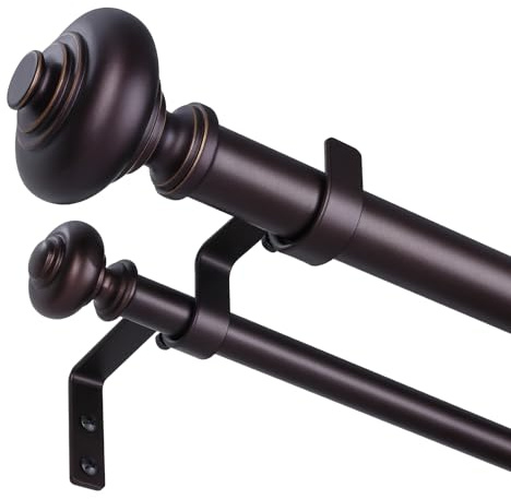 Bronze Double Curtain Rod 36 to 153 Inch, Decorative Adjustable 1 Inch Heavy Duty Extra Long Dual Curtain Rods for Windows, Boho Rustic Vintage Double Drapery Pole with Brown Finial