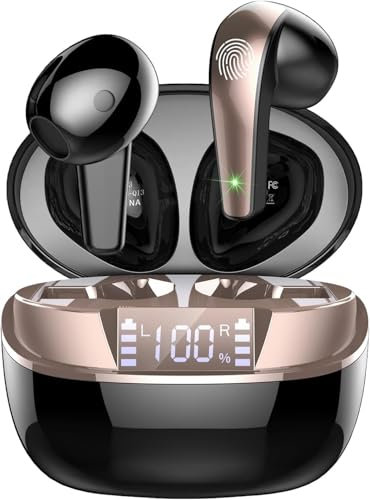 Ecouteurs Bluetooth sans Fil, Ecouteurs Bluetooth 5.4 Stéréo avec ENC Réduction de Bruit Mic, 48H de Lecture Mini Oreillette sans Fil avec Écran LED, IP7 Étanches Casque, Contrôle Tactile, Or Noir