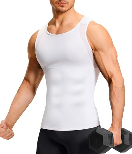 TAILONG Compression Shirt Men Shapewears Tummy Control Undershirt Slimming Body Shaper Vest Mesh Workout Tank Top White