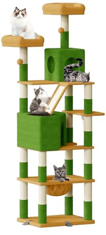 Dogat Kratzbaum groß 208 cm mit 3 Anti-Kipp-Vorrichtung Hoch Katzenbaum XXL Stabil mit 15 Kratzsäulen, 2 Plattformen, 2 Höhlen, 1 Kratzrampe Hängematte, Katzenkratzbaum für große Katzen (Grün + Gelb)