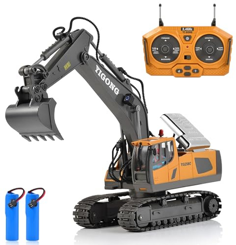 Escavatore telecomandato, 2,4 GHz, giocattolo per escavatore RC per bambini, con pala in metallo, rotazione a 680°, luci ed effetti sonori, 2 batterie ricaricabili da 1200 mAh