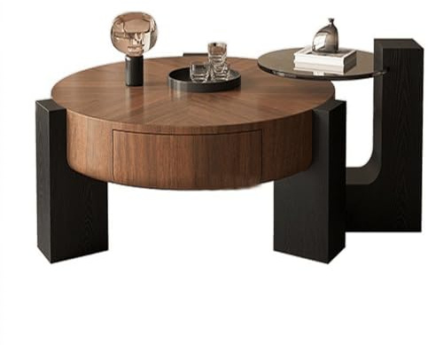 Juego De 2 Mesas De Centro Modernas, Mesa Redonda De Madera Maciza con Cajón Y Mesita Auxiliar con Tabla De Cristal Templado, para Salas De Estar Y Estudios