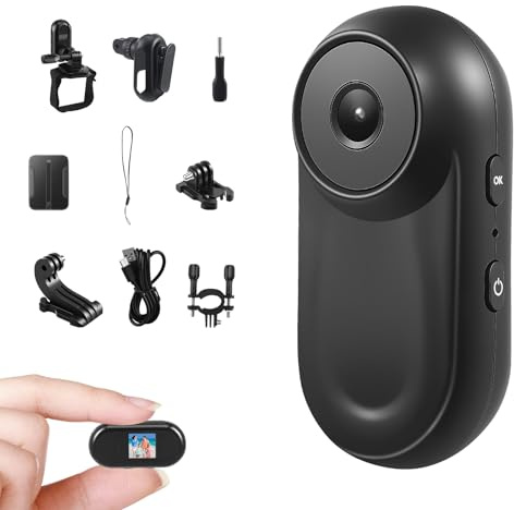 Mini Action Cam 1080P - Fotocamera per il corpo con magnete e accessori - Fotocamera per casco per moto, bicicletta, sport - Registrazione in loop della foto camera indossabile, impermeabile