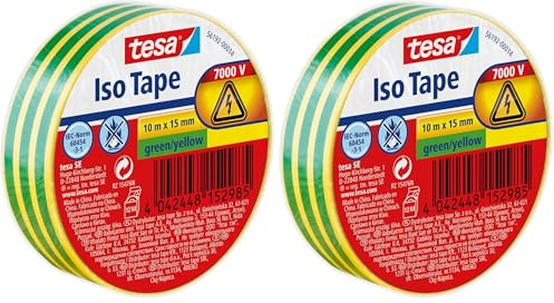 tesa Isolierband - Selbstklebendes Isolierband, hitzebeständig - Zum Isolieren, Reparieren und Bündeln - 10 m - Grün-Gelb (Packung mit 2)