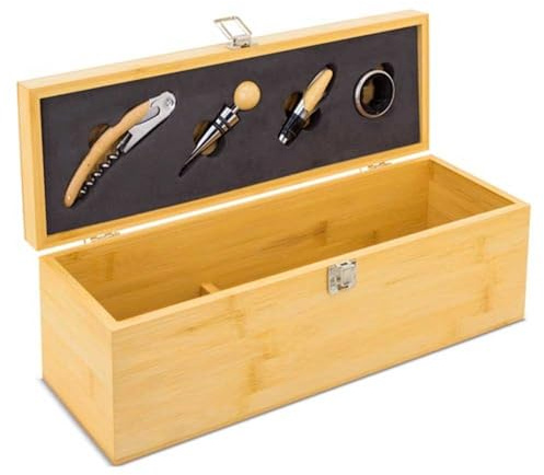 Set de vin dans une boîte en bois de bambou – Coffret cadeau avec accessoires pour vin – Tire-bouchon, bouchon, coupe-capsule et doseur – 36 × 12 × 12 cm. Pour les amateurs de vin.